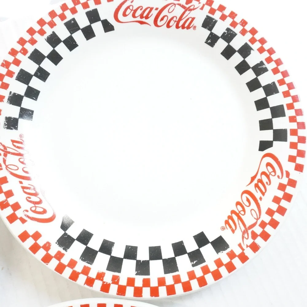 VTG Coca-Cola Gibson Dinner Plates Set 4 Checkerboard Border Collectible Dishes‎